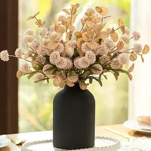 Vase with 12 Stems of Fake Mums Kiku Flower Eucalyptuses for Living Room - Beige Artificial Pom Poms Faux Floral Arrangements in Vase for Home Kitchen Island Dining Table Centerpiece Decor