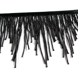 Black Beads Fringe Trim Beads Fringe Belt Glass Beaded Fringe Trim Wavy Water Shape Ribbon Tassel Chain for Clothing Accessories DIY Decoration