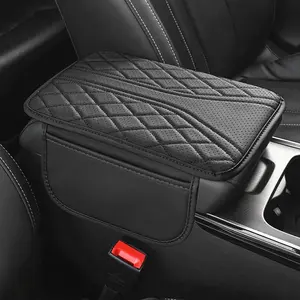 Car Armrest Cushion Pad with Storage Organizer - Premium PU Leather Height Adjustable Center Console Cover with Side Pockets, Car Interior Accessories for Comfort & Organization (Universal Fit)