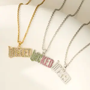 OUFERXWICKED 18K Gold Plated Stainless Steel Non-Tarnish Wicked Letter CZ Necklace for Women 45cm+9cm Length