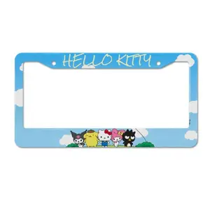Sanrio Family Group Photo License Plate Holder with Hello Kitty Design Featuring Four Characters on Blue Background Unisex Accessory