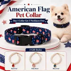Buy 1 Get 3 Pearl Necklaces Free American Flag Print Pet Collar, Thick Padded No-Choke Design, Adjustable Durable Neck Collar, Universal Patriotic Pet Accessory for Dogs and Cats