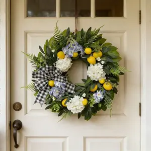 Lemon Hydrangea Wreath with Plaid Bow, Perfect for Front Door, Windows, Walls, Garden, Wedding, Party, Summer Home Decor