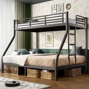 Black Heavy Duty Metal Bunk Bed Twin Over Full with Full Length Safety Guardrails Fixed Side Ladder No Box Spring Needed Sturdy Steel Frame Space Saving Bunk Bed for Kids Teens Adults Dorm Room
