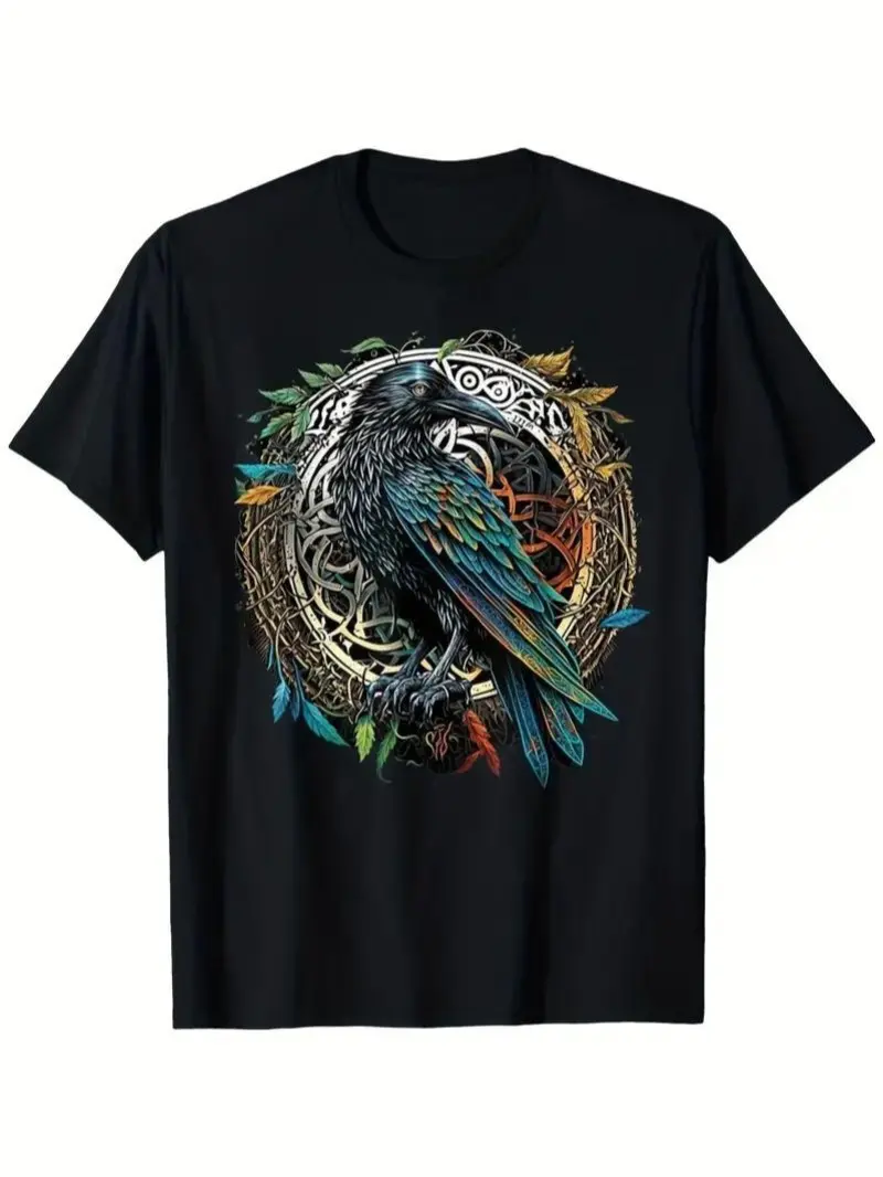Men's Viking Raven Graphic T-Shirt - Odin's Midgard Thor Walhalla Design, Black Garment Unisex