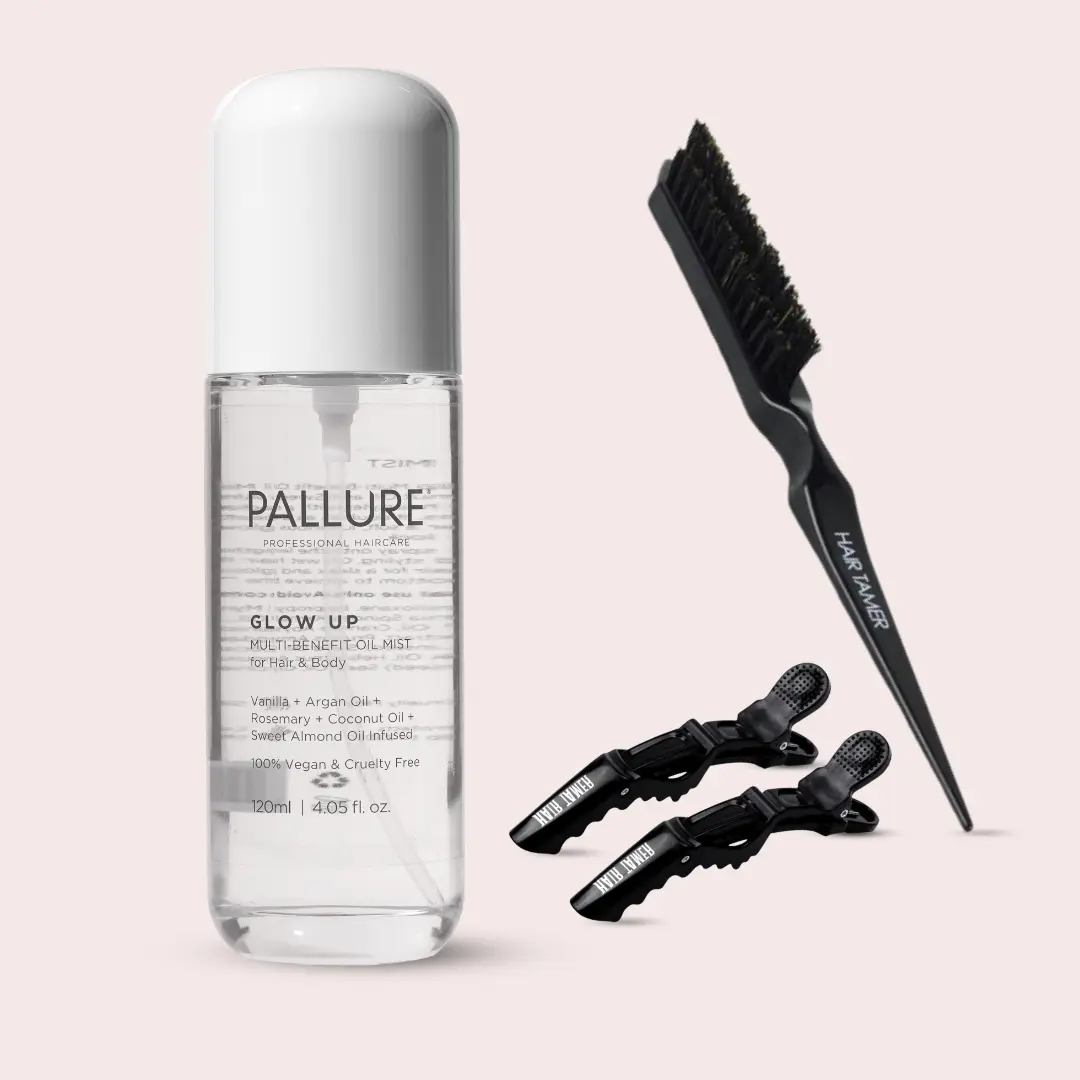 Glow Up Kit - Pallure Glow Up Oil Mist For Hair And Body With Hair Clips and Teasing Brush - Vanilla Scented, Adds Shine, Hydration, and Controls Frizz - For Bridal Updos, Special Events, Everyday Use