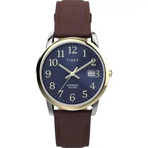 Timex Mens Easy Reader 35mm Watch - Brown Strap Blue Dial Silver-Tone Case TW2W54500