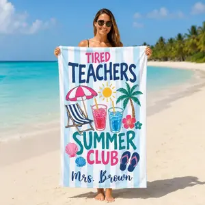 Custom Name Tired Teachers Summer Club Beach Towel, Personalized Beach Towel Teacher Gift, Custom Name Summer Towel Last Day Of School