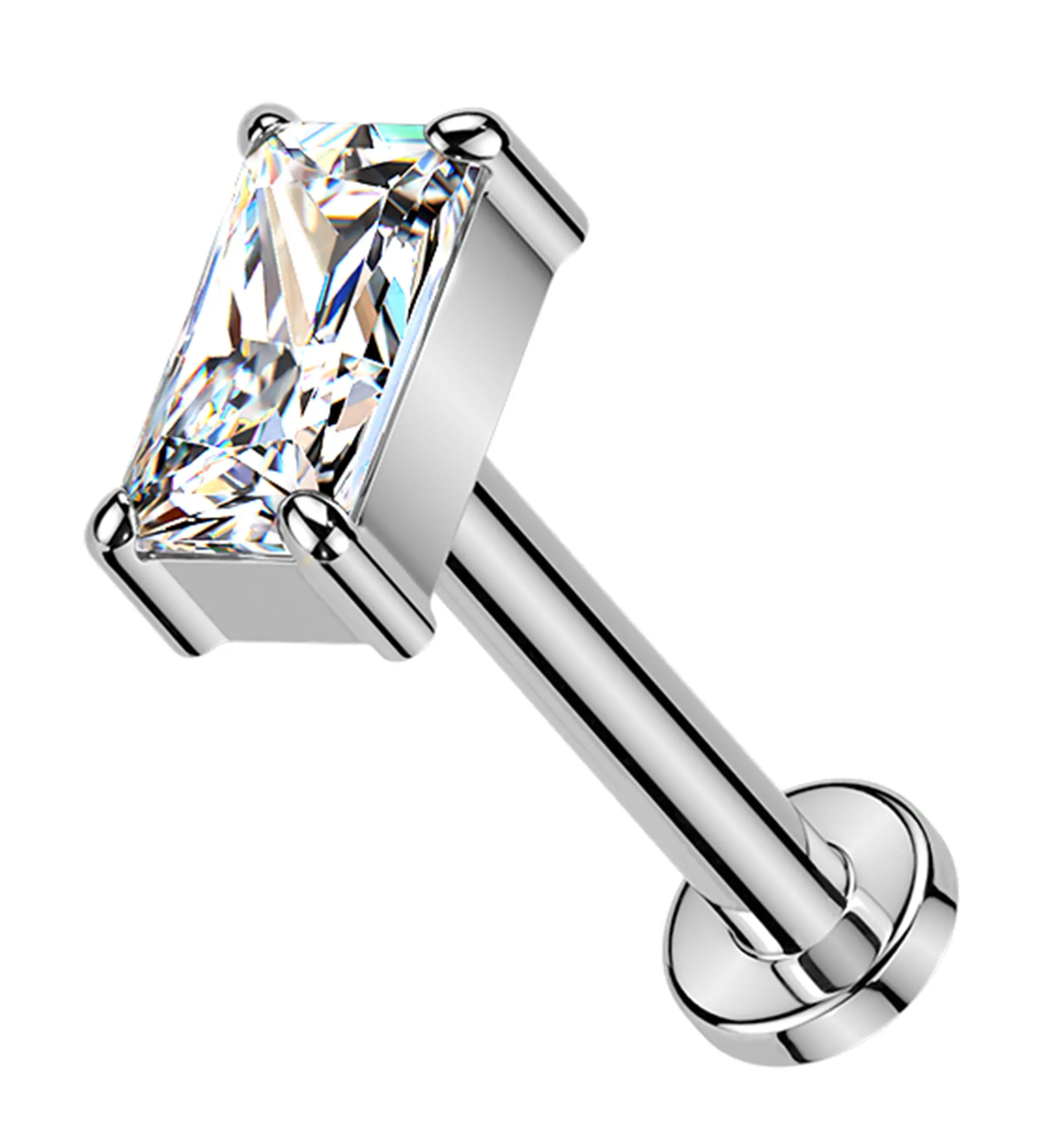Rectangle CZ Threadless Titanium Labret, 16g-18g Flat Back Piercing Jewelry, Lightweight Lead and Nickel-Free Side Labret Piercing Jewelry
