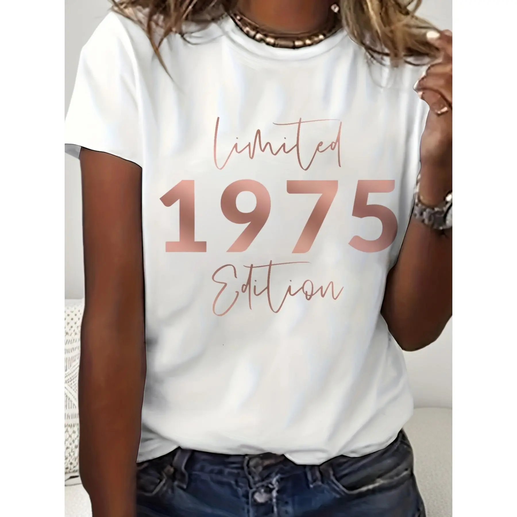 Lady's Casual Short-Sleeve Round Neck T-Shirt Top, Limited Edition 1975 70th Birthday Celebration Print, Ideal for Spring Summer