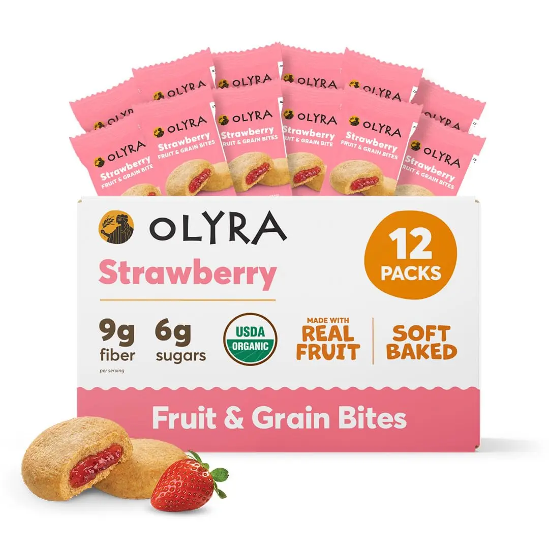 Olyra Strawberry Organic Fruit Bars, Prebiotic High Fiber Snack, Gut Health, Healthy Snacks for Adults and Kids, Low Sugar, Vegan, USDA Certified Organic, Non GMO 12 Packs