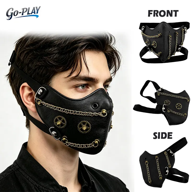 Steampunk Gear Chain Face Mask, Vintage Gothic Punk Biker Cosplay Mask, Black Leather Look Masquerade Mask, Cyberpunk Festival Rave Accessories, Halloween Costume Face Cover, Rock Concert Outfit, Industrial Gothic Fashion, Costume Party Props