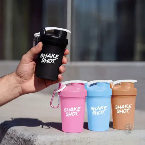 Shake Shot Mini 4 oz Gym Supplement Shaker Cup - Leakproof Reusable Water Bottle for Gym, BPA Free, Flip Top Cap, Protein Shaker with Mixer Ball, Carabiner Clip, Portable Pre-Workout Prep, Veteran Owned