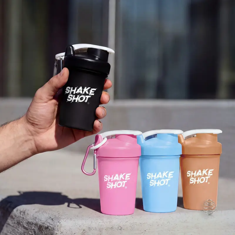 Shake Shot Mini 4 oz Gym Supplement Shaker Cup - Leakproof Reusable Water Bottle for Gym, BPA Free, Flip Top Cap, Protein Shaker with Mixer Ball, Carabiner Clip, Portable Pre-Workout Prep, Veteran Owned