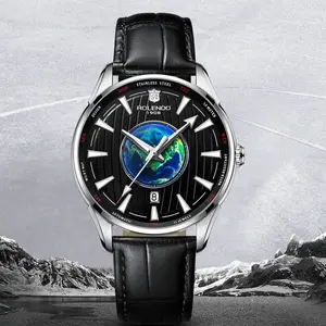 Premium Silver Men's Automatic Watch, Eye-Catching 3D Earth Center Black Dial Week Date Function Soft Black Leather Strap Unique Planet Luxury Gift For Him