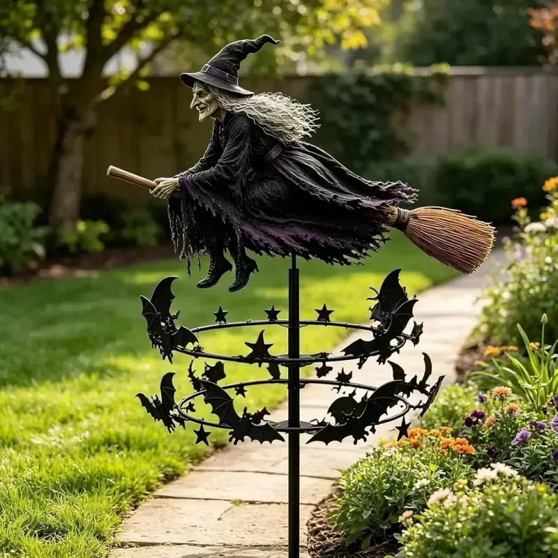 Halloween Outdoor Yd Spinner - Witch Flying on Broom, Wind-Powered Rotating Bat Halloween Decorations, Easy-Setup Spooky Ground Stake Base Garden Lawn Ornament, 2026 Prop for Gardens, Parties