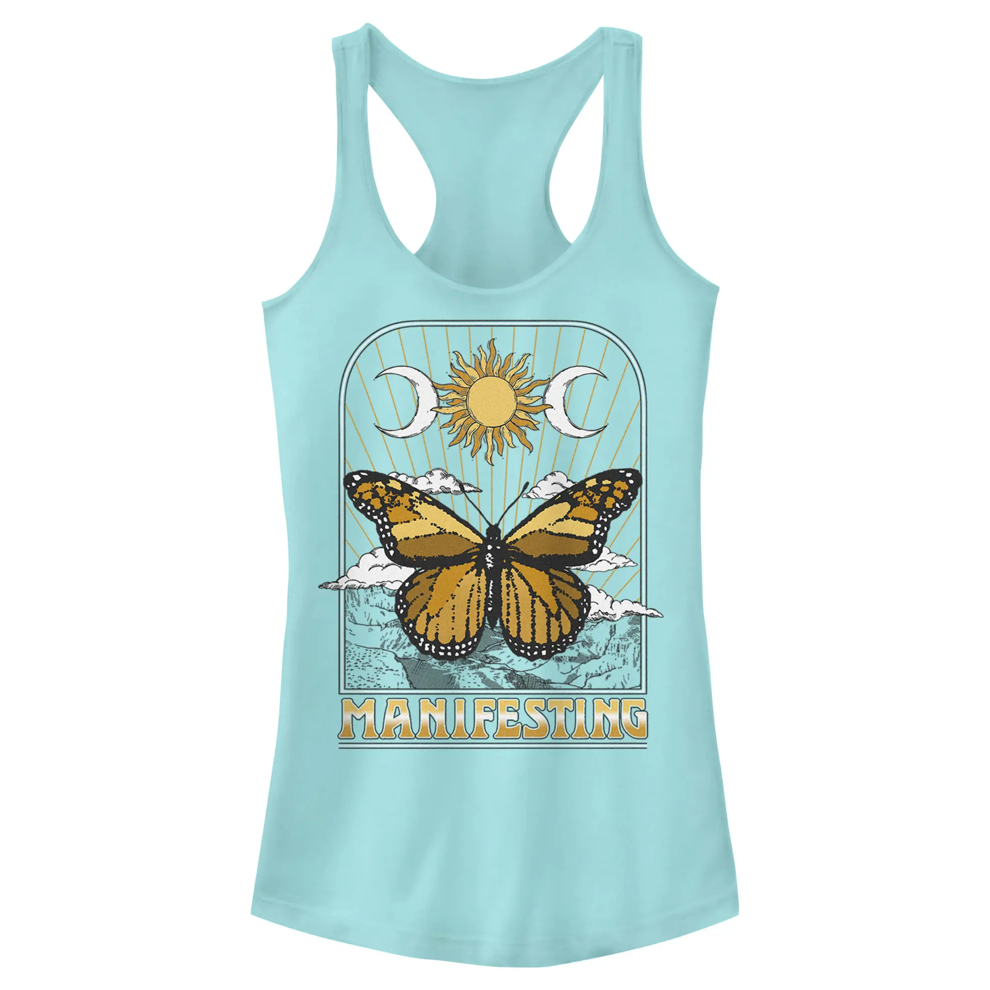 Lost Gods Women's Juniors Printed Graphic Racerback Tank Top - Apparel with Manifesting Butterfly Design for Everyday Style
