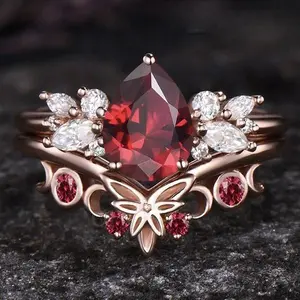 Rose Gold Butterfly Shaped Ring with Blood Red Ruby Inlay for Women Stylish Unique Statement Jewelry Perfect Gift for Her Elegant Design Fashion Accessory