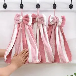 Set of 3 Wide Hand Towels with Hanging Loops Coral Velvet Quick Drying Soft Absorbent for Kitchen Bathroom Tea Towels