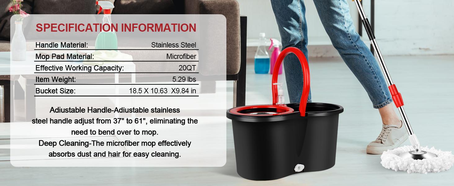 Colorful 360° Spin Mop and Bucket Set with 3 Microfiber Refills 61in Stainless Steel Adjustable Extendable Pole Plastic Bucket for General Cleaning