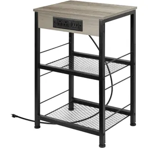 Nightstand with charging station, three-tier small side table, farmhouse-style bedside table with USB ports and outlets, featuring open storage shelves, suitable for bedroom and living room, gray