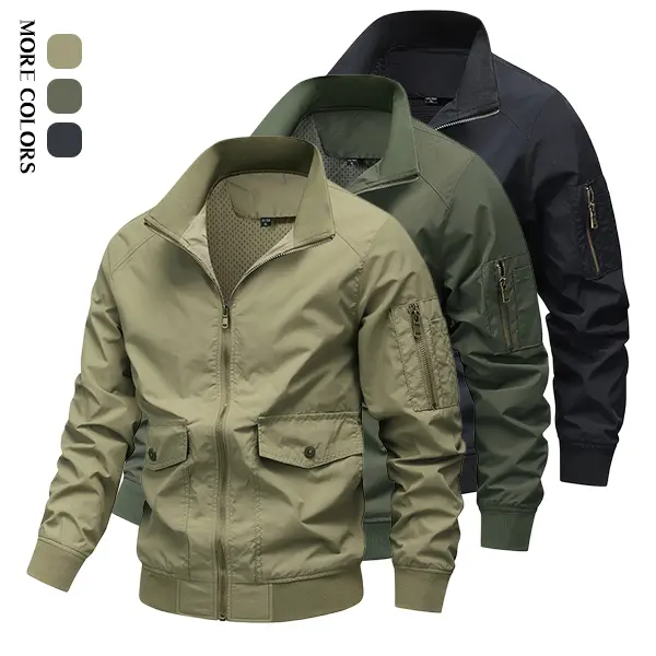 Men’s baseball-collar aviator jacket, available in multiple colors; lightweight for spring/autumn, multi-pocket cargo casual outerwear