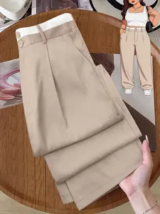 Women's Plus Size Contrast Waist Dress Pants High Waisted Straight Leg Trousers Structured Minimalist Fall Workwear Elegant Office Business Casual, Bottom