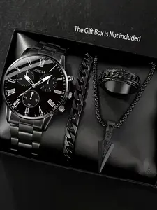 4-piece men's business alloy round case, non waterproof, pointer display, electronically driven quartz watch and fashionable arrow pendant necklace, bracelet and ring gift set - men's gift