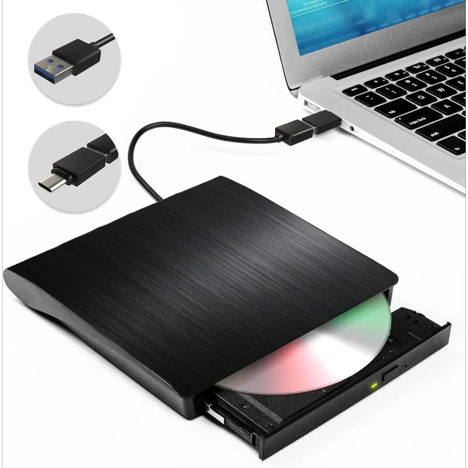 Slim Z-APT4 Anti-Shock Portable External CD/DVD Player - USB 3.0 & USB-C CD +/-RW Burner, High-Quality Materials, 24x Max Speed, Travel-Friendly for Laptops/Desktops, Plays Music Movies, Backs Up Data (Windows, MacBook, Linux, Mac OS), Business
