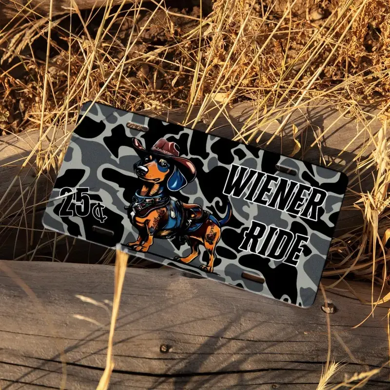 Wiener Ride Camo License Plate, Cowboy Car Accessories, Vanity Plate - Lightweight Aluminum, Pre-Drilled holes, Easy Installation