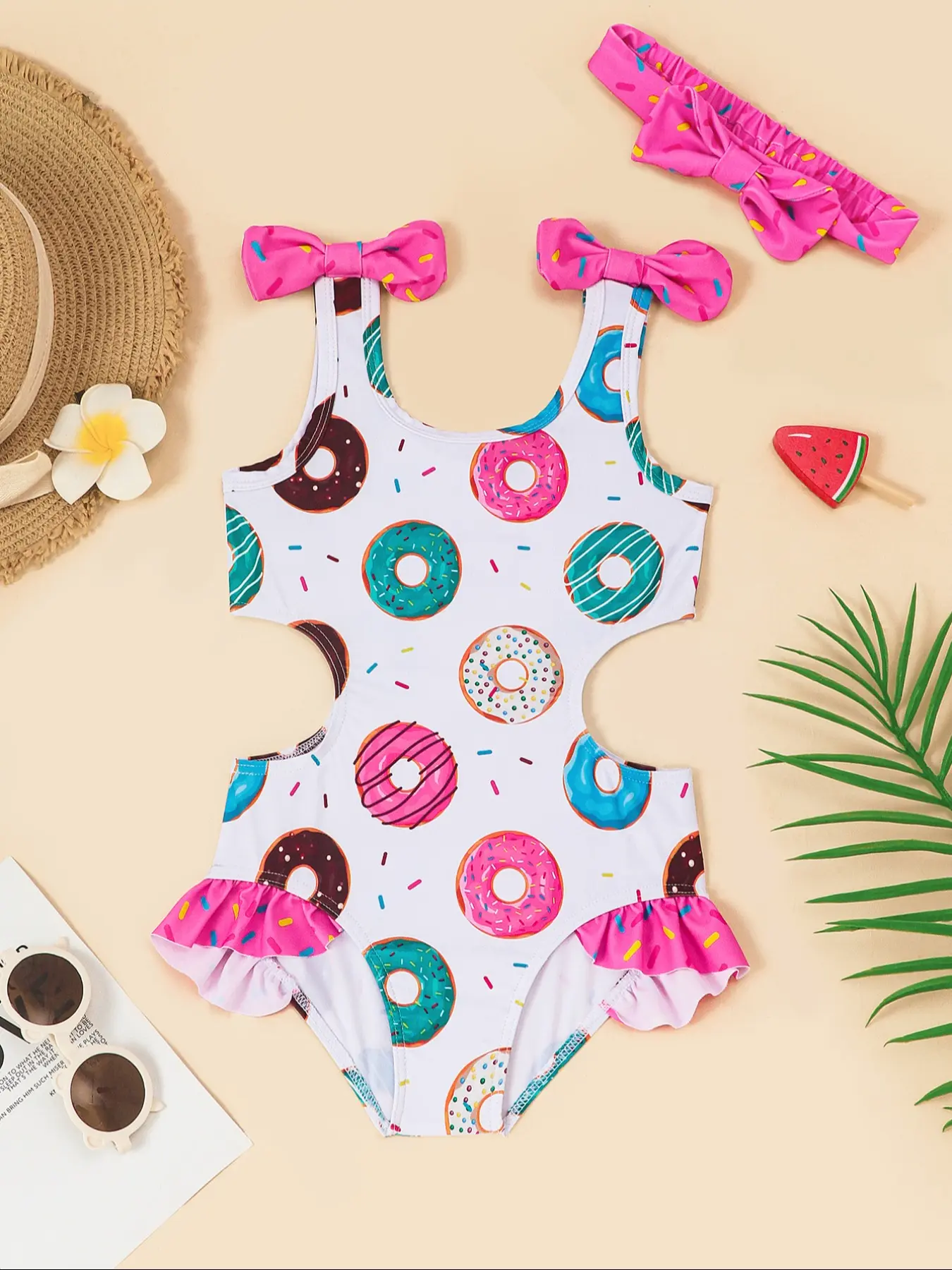 Girls Rainbow Print One-Piece Ruffle Trim Swimsuit with Headscarf Set, Cute Summer Swimwear Bathingsuits, Swimwear Outfits, Swimsuit Sets, Fashion Bow Beach Suit, Perfect for Vacation Beach Wear