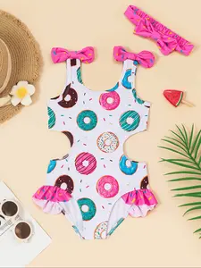 Girls Rainbow Print One-Piece Swimsuit with Headscarf Set, Cute Summer Swimwear Bathingsuits, Swimsuit Sets, Fashion Bow Beach Suit, Perfect for Vacation Beach Wear