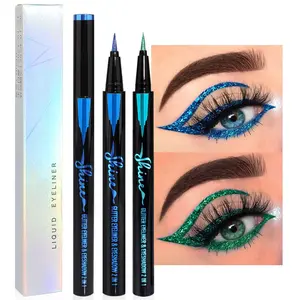 2Pcs Metallic Royal Blue & Green Glitter Glittering Diamond Liquid Eyeliner Eye Makeup Pencil Set, Sparkle Shimmer Colored Eyeliner Pen Waterproof Smudge Proof Long Lasting High Pigmented