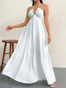 Women's Maxi Summer Dresses Halter V Neck Beach Dresses for Women A-Line Casual Dress for Vacation White