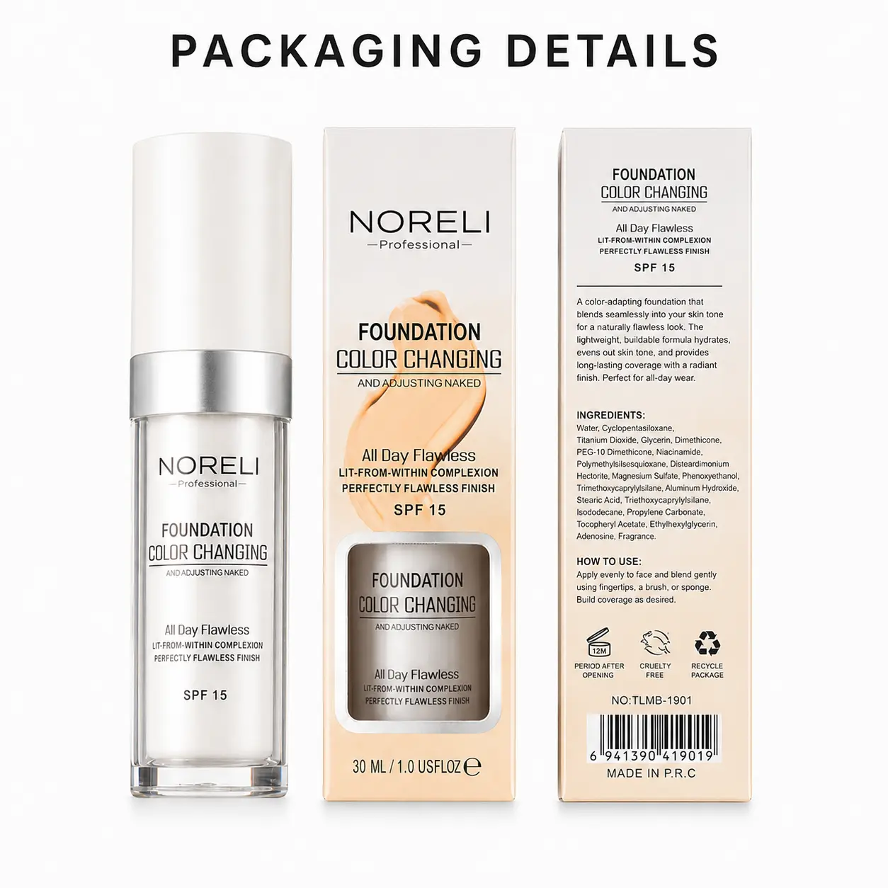 NORELI 3-Pack Color Changing Foundation, Self-Adjusting Liquid Makeup for a Natural Flawless Finish, Lightweight Buildable Coverage with SPF 15, 1.0 fl oz Each