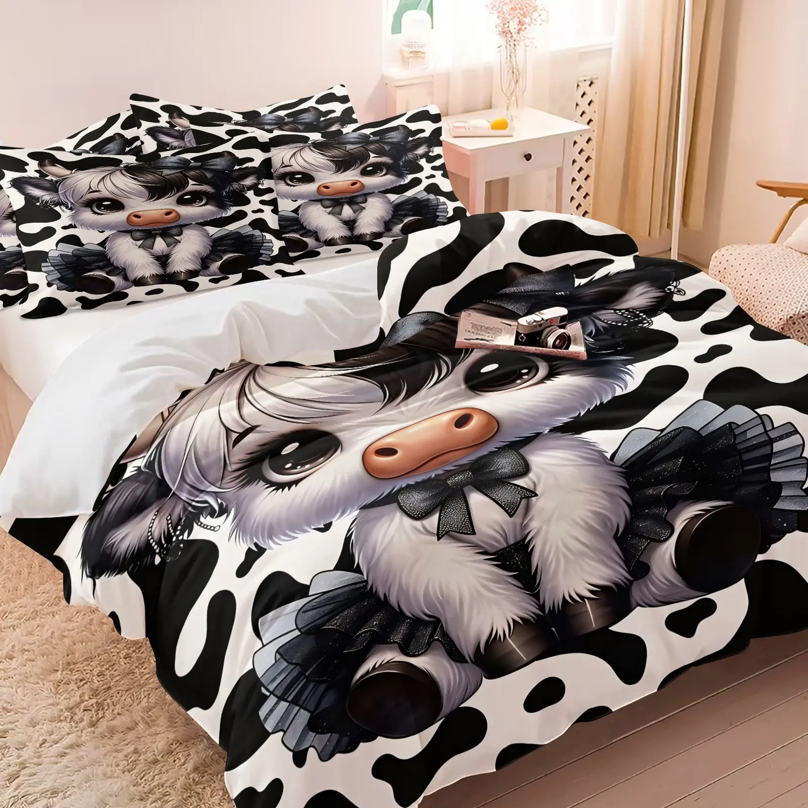 3D Kawaii Cow Decorative Duvet Cover Set, Black and White Cow Print Bedding for Girls, Soft Microfiber Cartoon Calf Bed Set with 1 Duvet Cover + 2 Pillowcases, Perfect Gift for Cow Lovers & Kids, Bedroom Bedding Set