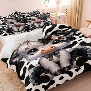 3D Kawaii Cow Duvet Cover Set, Black and White Cow Print Bedding for Girls, Soft Microfiber Cartoon Calf Bed Set with 1 Duvet Cover + 2 Pillowcases, Perfect Gift for Cow Lovers & Kids, Bedroom Bedding Set