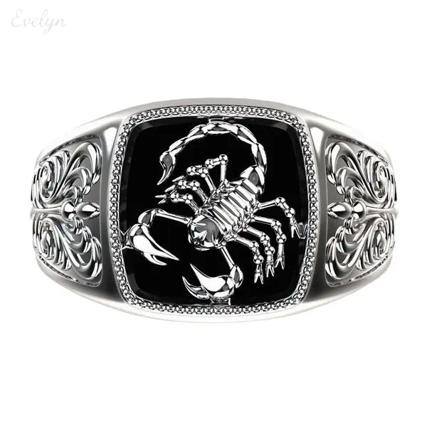 Square Black Inlay Scorpion Signet Ring, Silver Plated White Copper Retro Scroll Floral Engraved Wide Band, Vintage 3D Relief Scorpion Statement Jewelry for Men Biker Street Styling