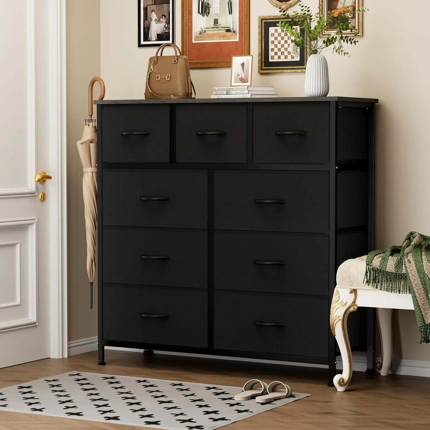 Dresser for Bedroom with 9 Fabric Storage Drawers, Metal Frame Wooden Top Chest of Drawers Organizer for Closet Living Room Entryway Hallway Porch