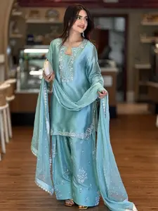 Luxury Designer Party, wedding and Eid wear Roman Glass Silk Top & Farshi Palazzo Set with Embroidered Organza Dupatta
