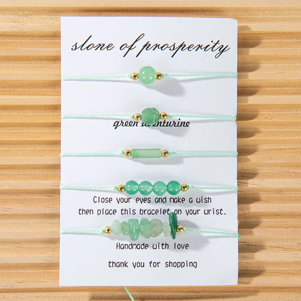 5-Piece Green Dongling Natural Stone Bracelet Set for Women, Handmade Adjustable Braided Prosperity Wish Bands with Cards, Valentine's Day Gift
