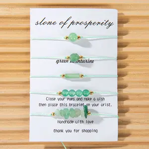 Women's 5-Pcs Handmade Green Dongling Natural Bead Bracelets - Adjustable Braided Fashion Jewelry with Card Descriptions, Prosperity Accessory, Daily Wish Gift for Girlfriend