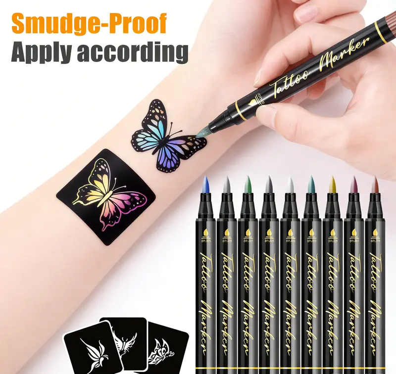 10Colors Temporary Tattoo Pens Set, Waterproof and Sweatproof Long-lasting Body Art Markers for DIY Designs, Multi-Color DIY Face, Arm & Body Art, Easy to Remove, Perfect for Parties and Festive Gifts, fake tattoos, temporary tattoos Fun Cosmetic All Ages