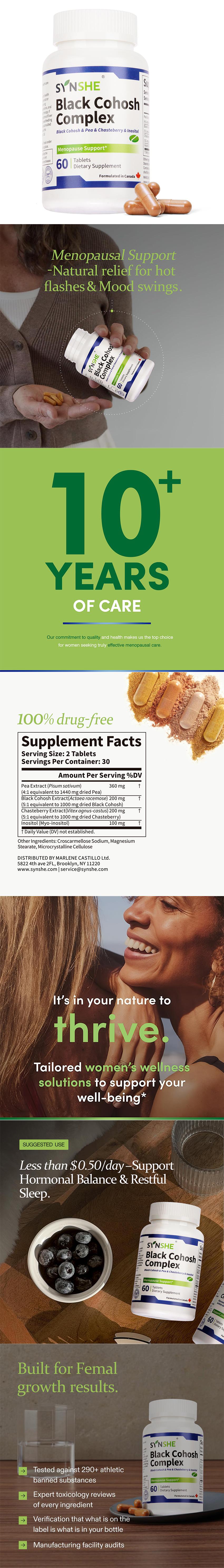 SYNSHE Black Cohosh Complex - Menopause Relief Supplement with Inositol, Natural Hot Flashes & Hormone Balance Support for Women, Formulated in Canada