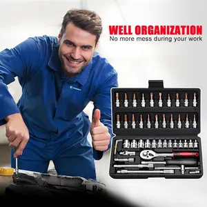 46 Pieces Mechanic Tool Kit,1/4” Dr. Socket Ratchet Wrench Set Bit Sockets Extension Bar,Metric Mechanical Tool Kit for Auto Repairing Household