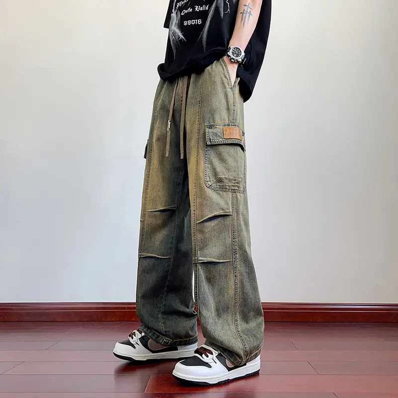 Men's Baggy Oversize Stretch Silk Vintage Washed Cargo Pants - Adjustable Waist Drawstring, Multi-Large Flap Pockets, Leather Tag Decor, Contrast Stitch Seams, Cuffed Hem Long Trousers - Suitable For Street Hip Hop, Daily Wear