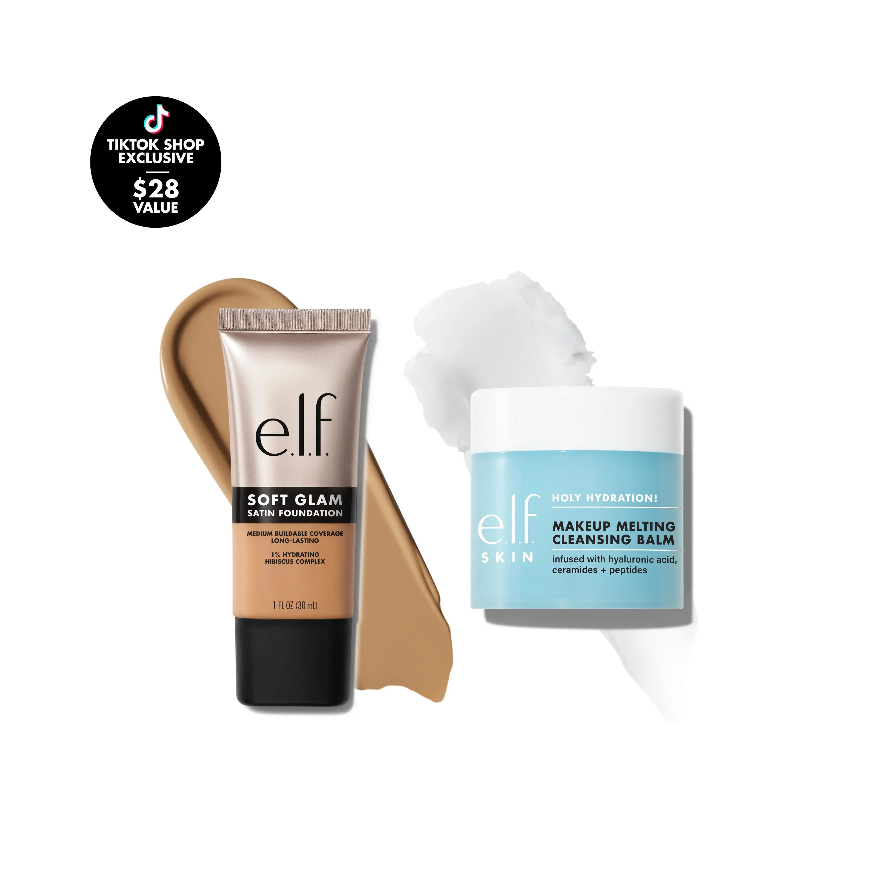e.l.f. SKIN Glam On, Glam Off Duo: Soft Glam Foundation + Makeup Melting Cleansing Balm Set, Medium Coverage Foundation and Makeup Remover Set