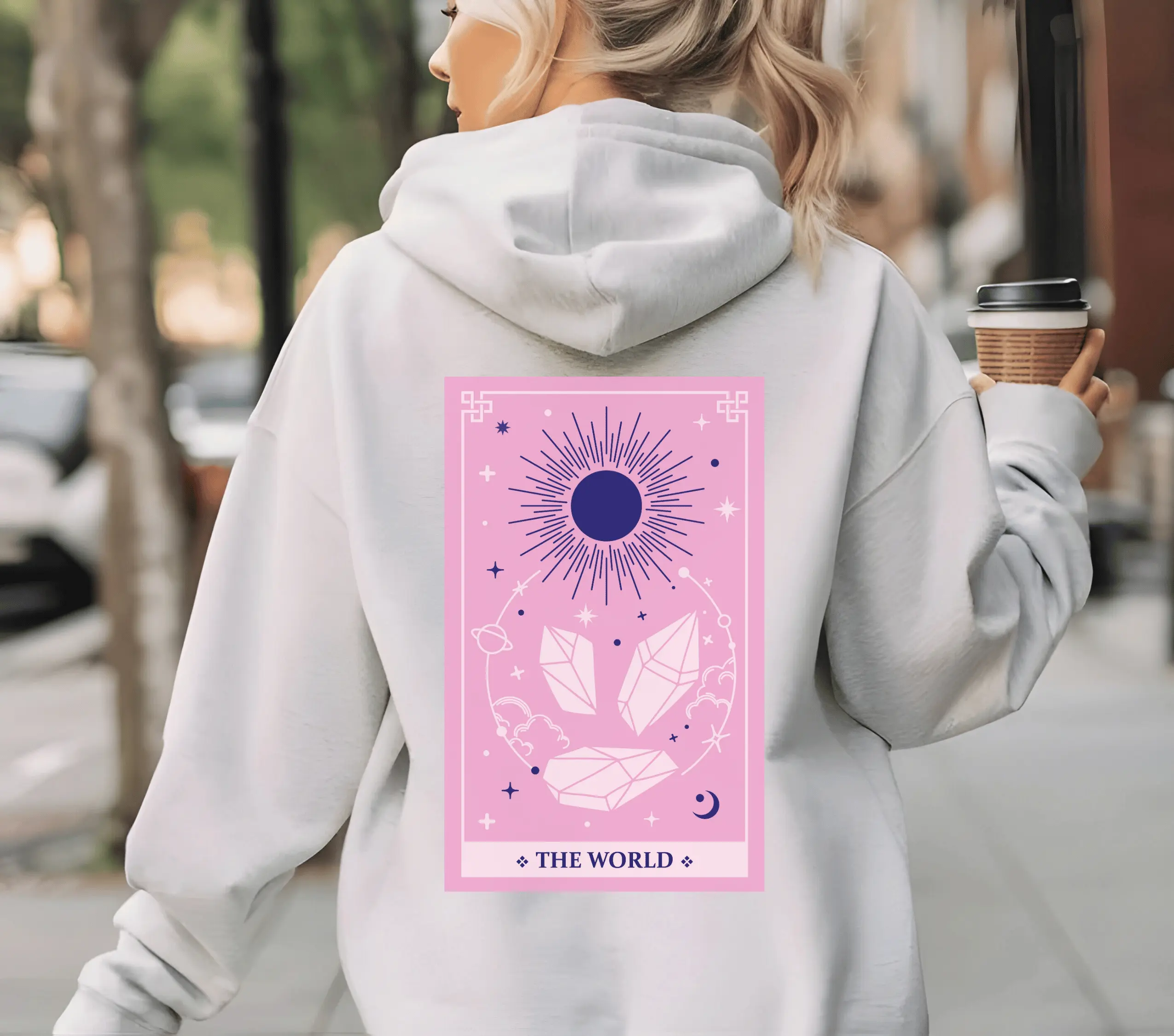 Tarot Card Hoodie, Oversized Comfortable Hoodie, Celestial Hoodie, Astrology Hooded Sweatshirt, Pink Tarot Cards, Witchy Sweater, The World Tarot