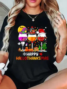 Cotton Unisex Graphic T-Shirt Happy Hallothanksmas Halloween Thanksgiving Christmas Fall T-Shirt Vintage Casual Shirt women's graphic tees