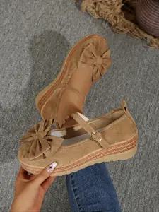 Women's Bowknot Chunky Heel Shoes, Lightweight Comfortable Stylish Height Increasing Single Shoe, Vintage Mary Jane Flats for Spring & Fall